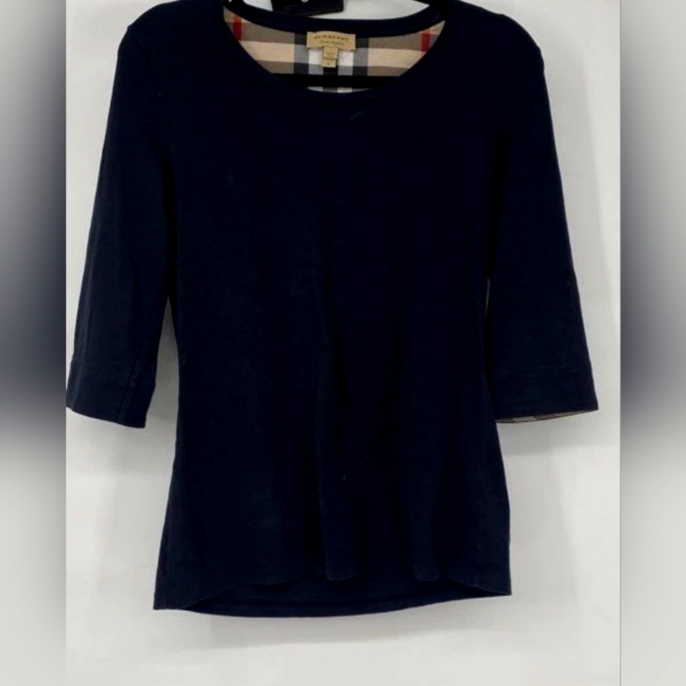 Burberry Designer London Black Plaid 3/4 Sleeve Women's Top Medium